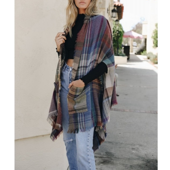 Plaid Pocket Ruana Poncho Blanket Sweater Scarf - Picture 3 of 7